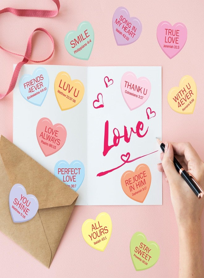 W1cwey 1000pcs Valentine’s Day Heart-Shaped Candy Sticker Rolls (2 Rolls), 16 Designs Valentine’s Theme Jesus Reply from Bible Chapter Self-Adhesive Sticker for Kids Sunday School VBS Supplies (Red) - Image 5